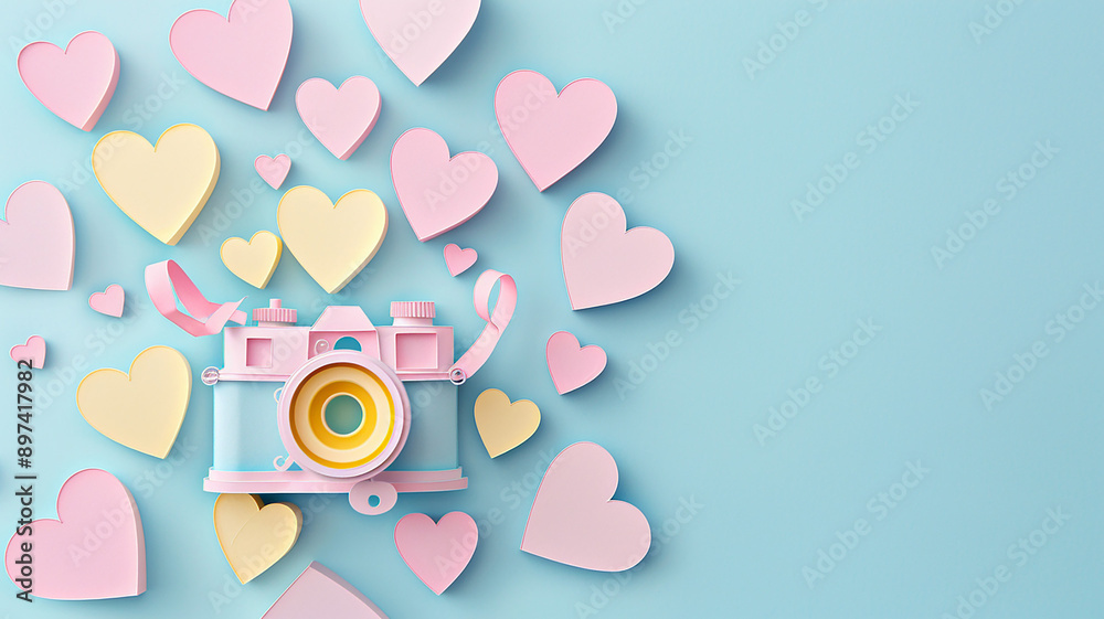 Paper cut design for World Photography Day, pastel-colored camera encircled by hearts, celebrating the art of photography, Paper cut design for World Photography Day, pastel-colored camera encircled by hearts, celebrating the art of photography,