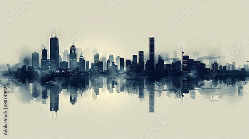 Cityscape Silhouette with Water Reflection Watercolor Illustration