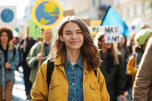 A young woman wearing a yellow jacket stands in front of a crowd of protesters