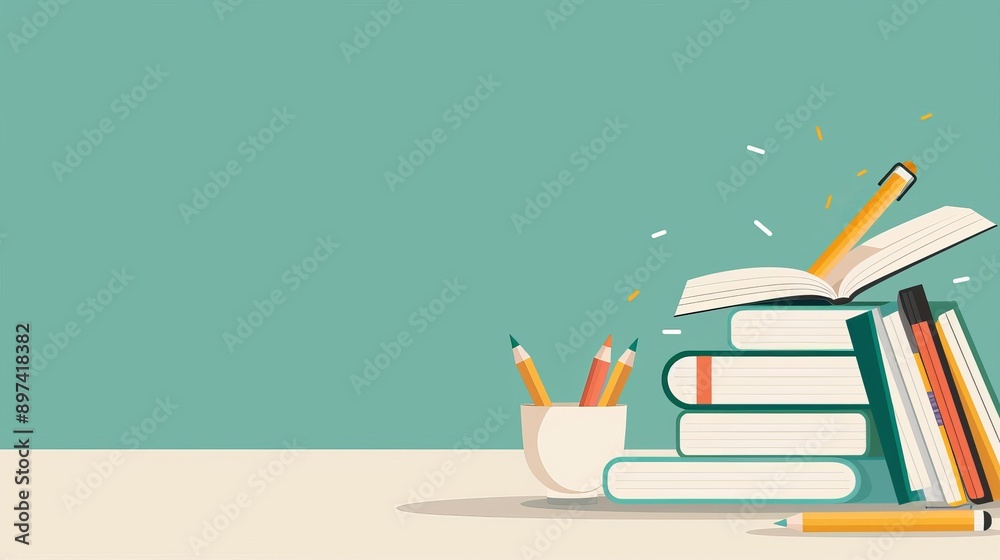 A stack of books with a pencil and a cup of pens on top of them A stack of books with a pencil and a cup of pens on top of them