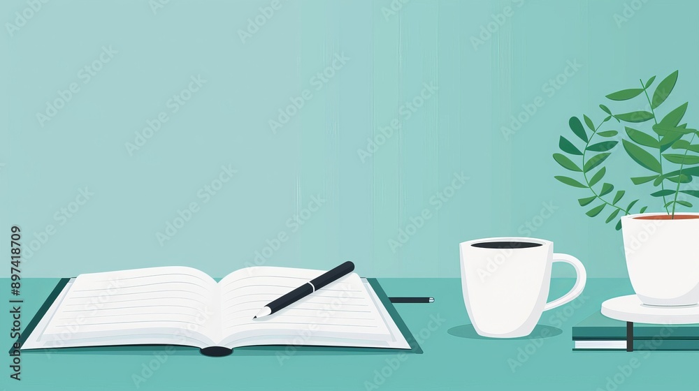 A white mug sits on a table next to a book and a pen A white mug sits on a table next to a book and a pen