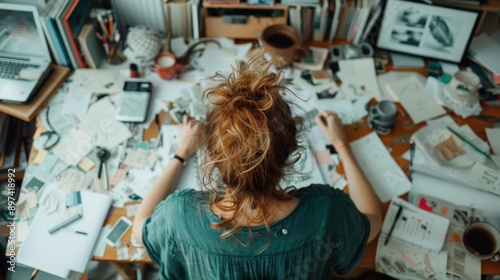 An individual is engaged in work at a cluttered desk filled with papers, art supplies, and books in a creative and busy home office or studio setting. photo