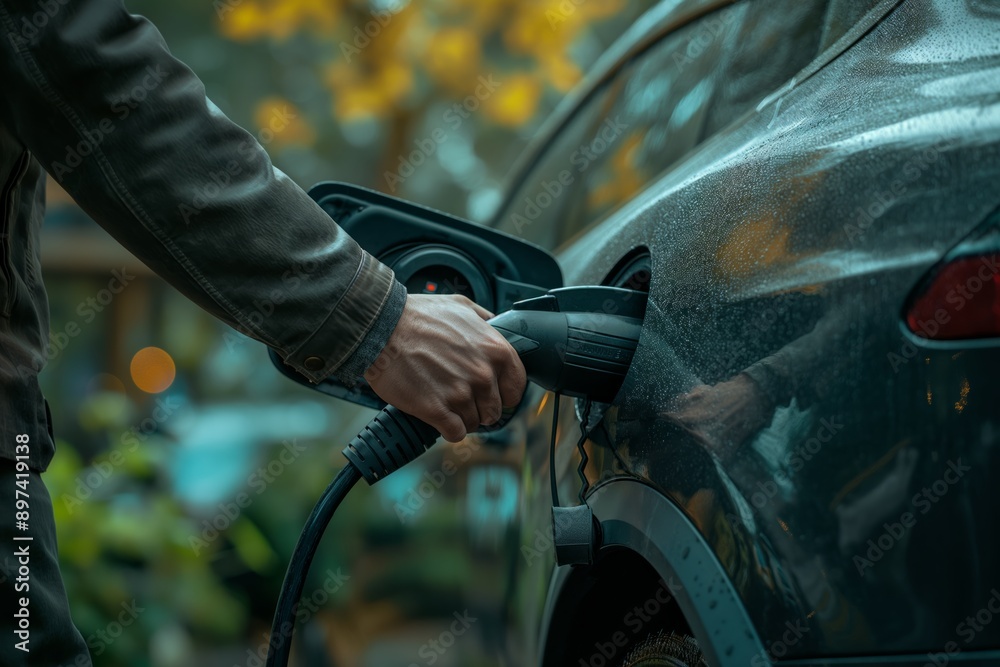 Close-up of an electric vehicle being charged at a charging station, representing sustainable and eco-friendly transportation. Close-up of an electric vehicle being charged at a charging station, representing sustainable and eco-friendly transportation.