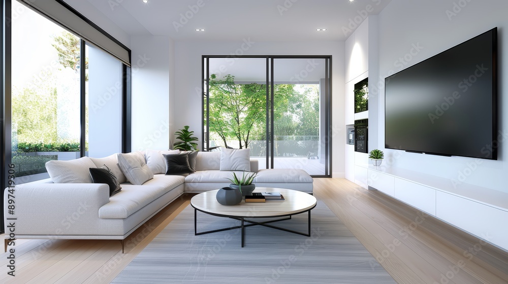 Fototapeta premium A modern living room with a sectional sofa, a flat-screen TV, and sleek decor