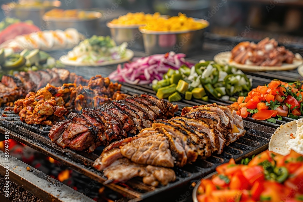 A grill is full of food, including meat, vegetables, and salad A grill is full of food, including meat, vegetables, and salad