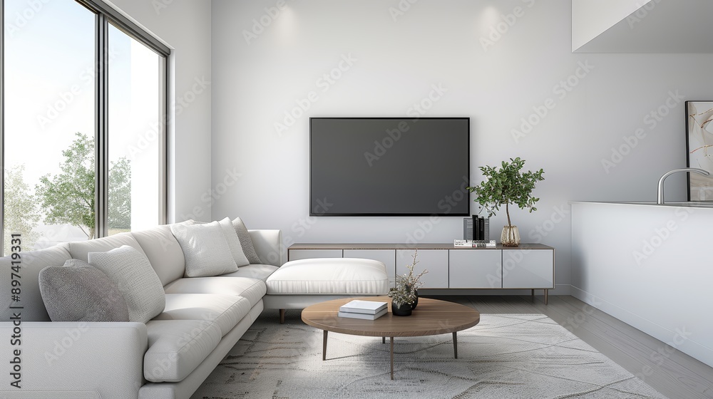 A modern living room with a sectional sofa, a flat-screen TV, and sleek decor A modern living room with a sectional sofa, a flat-screen TV, and sleek decor