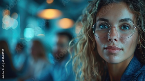 A young woman wearing glasses stares confidently into the camera from a modern social setting, with blurred figures in the background showing a busy, vibrant scene.