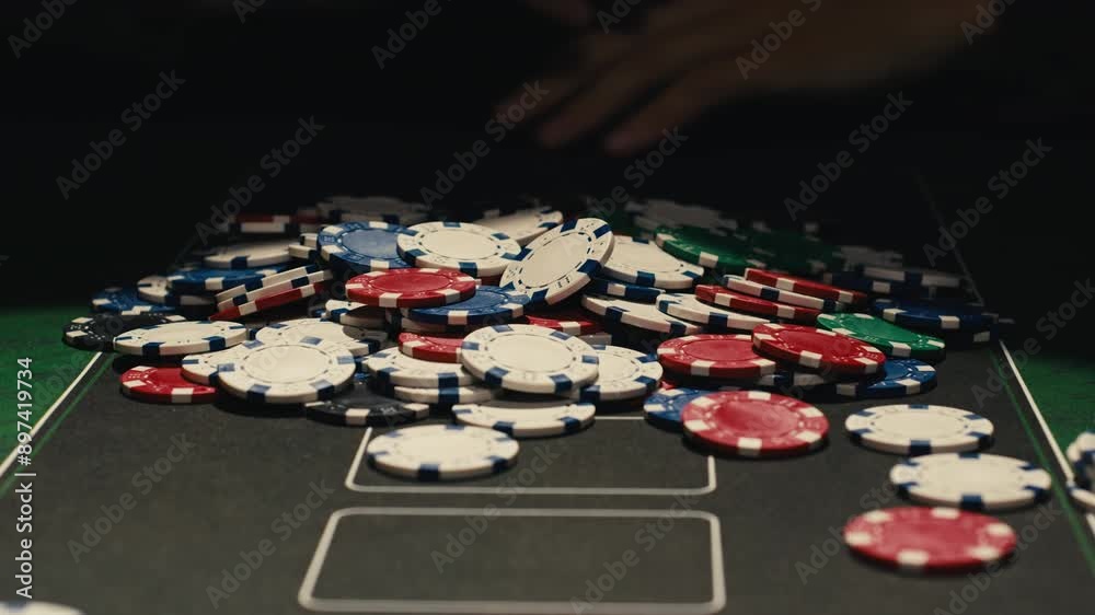 Game of poker in casino, taking place with poker chips and cards on a green table, gambling place, roulette jack pot. Game of poker in casino, taking place with poker chips and cards on a green table, gambling place, roulette jack pot.