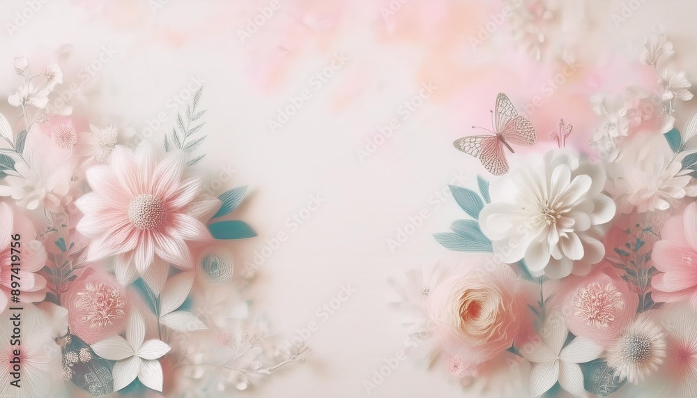 Soft pastel floral arrangement with delicate flowers and a butterfly. It can be used for wedding invitations, greeting cards, posters, and feminine-themed decorations. Soft pastel floral arrangement with delicate flowers and a butterfly. It can be used for wedding invitations, greeting cards, posters, and feminine-themed decorations.