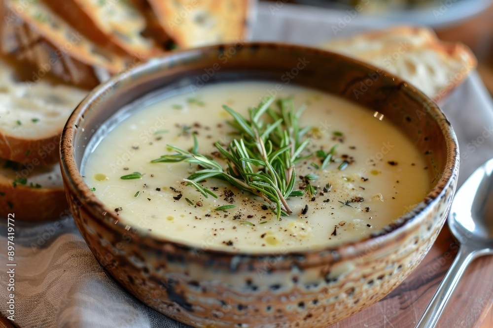 A bowl of soup with a spoon and a piece of bread on the side A bowl of soup with a spoon and a piece of bread on the side