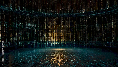Futuristic digital matrix with glowing lines and dots, resembling a virtual data network or cyberspace environment, Generative AI.