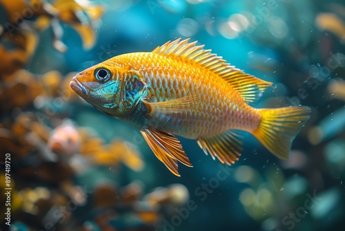 Yellow Cichlid Fish Swimming in an Aquarium © fotofabrika