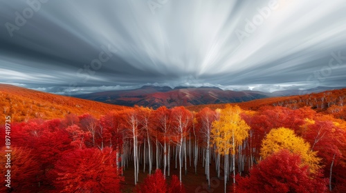 A scenic overlook of a vast forest blanketed in a sea of red, orange, and yellow leaves, under a cloud-streaked sky