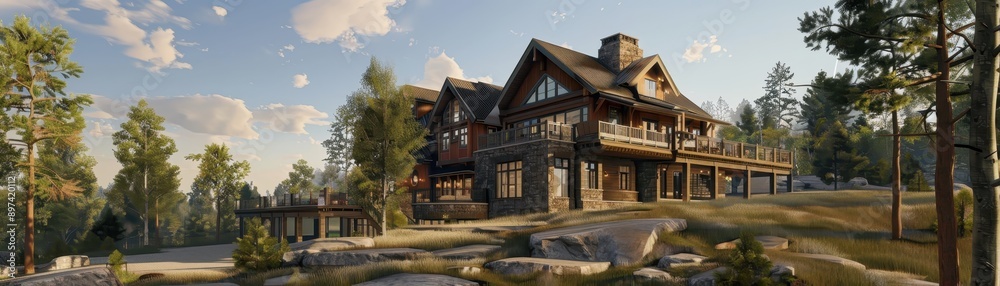 Beautiful rustic mountain lodge nestled in a serene forest landscape with clear sky and lush greenery perfect for a tranquil getaway. Beautiful rustic mountain lodge nestled in a serene forest landscape with clear sky and lush greenery perfect for a tranquil getaway.