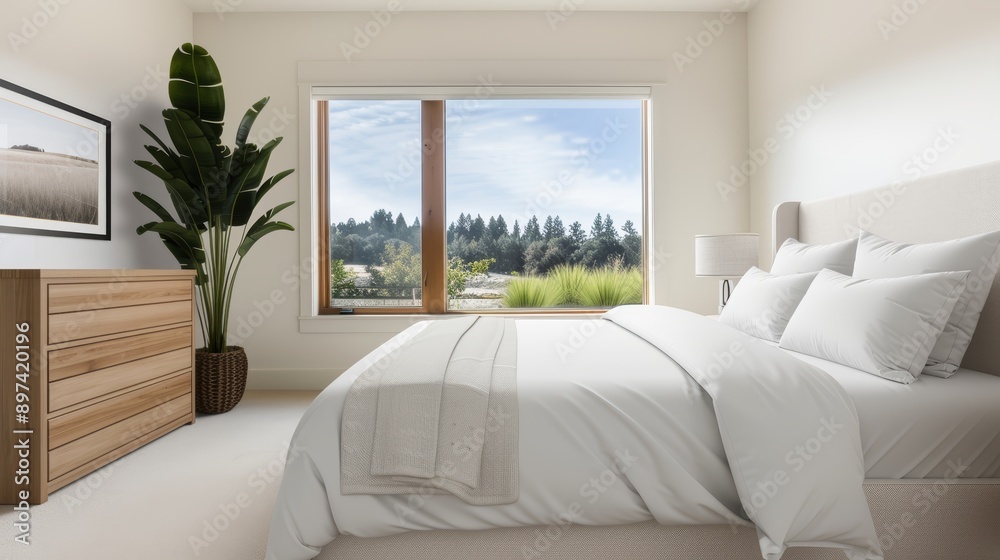 Fototapeta premium A spacious bedroom with a king-size bed, a dresser, and a large window with a view, with copy space, high-resolution photo, realistic photo, hyper realistic
