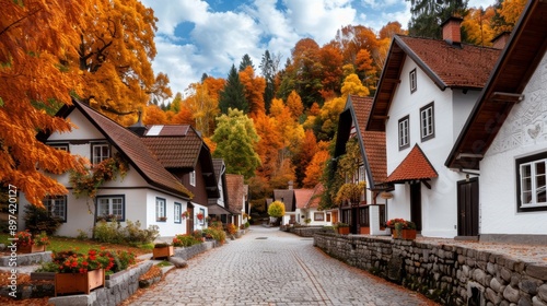 Fototapeta Naklejka Na Ścianę i Meble -  A small village with quaint houses and cobblestone streets, surrounded by trees in brilliant fall colors, with copy space, high-resolution photo, realistic photo, cinematography, hyper realistic