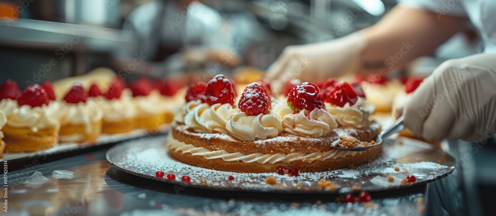 Close-up of a Baker Finishing a Strawberry Cake Close-up of a Baker Finishing a Strawberry Cake