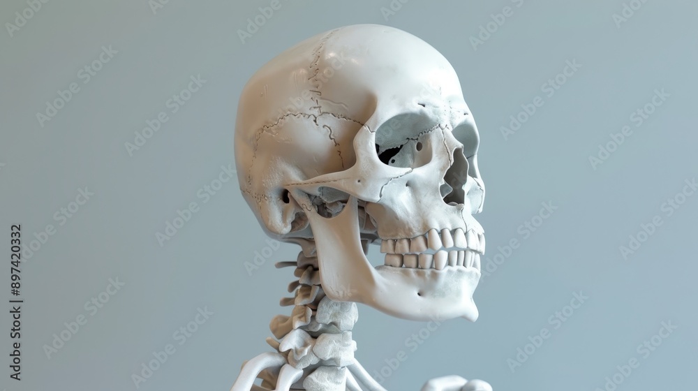 Close-up of a human skeleton model, showing detailed anatomical structure of the skull and upper spine with a soft blue background. Close-up of a human skeleton model, showing detailed anatomical structure of the skull and upper spine with a soft blue background.