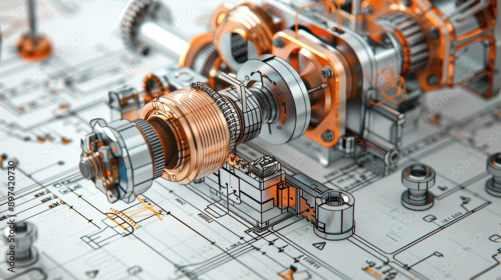 Detailed 3D rendering of an industrial machine part with intricate mechanical components and technical blueprints in the background. Detailed 3D rendering of an industrial machine part with intricate mechanical components and technical blueprints in the background.