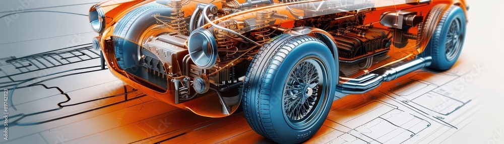 Fototapeta premium Futuristic car design concept with transparent view showcasing intricate details and engineering on blueprint background.