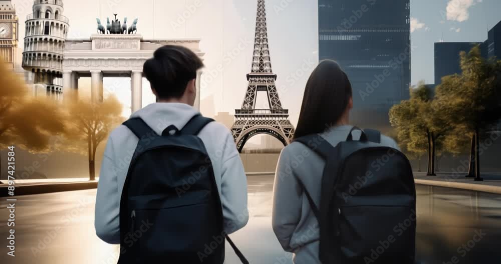 study abroad international global education program, young woman and man student in exchange travel experience in foreign school collage university learning about culture having future opportunity