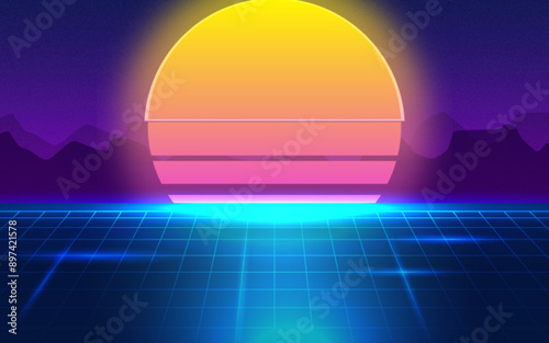 Retro futuristic 80s gradient landscape background with sun