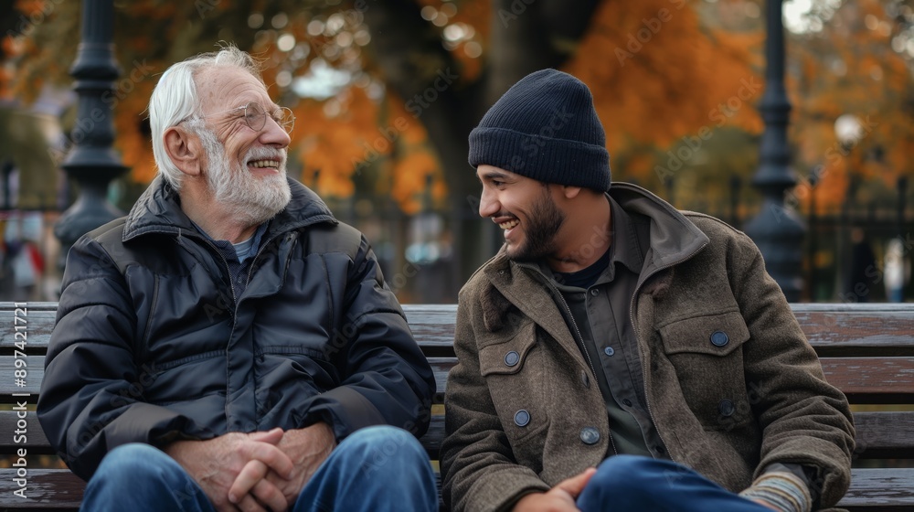 An elderly man and a young man talking and laughing on a park bench, the concept of a generational connection An elderly man and a young man talking and laughing on a park bench, the concept of a generational connection
