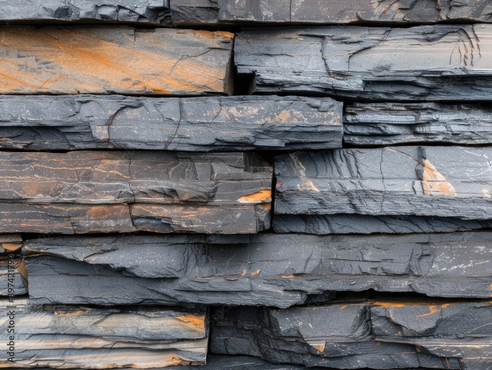 Close-up of a textured slate stone wall with layered grey and orange tones, perfect for backgrounds, patterns, or architectural design concepts. Close-up of a textured slate stone wall with layered grey and orange tones, perfect for backgrounds, patterns, or architectural design concepts.