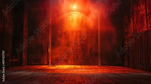 Atmospheric stage with dramatic red lighting and fog, creating a sense of mystery and anticipation in an empty theater setting.