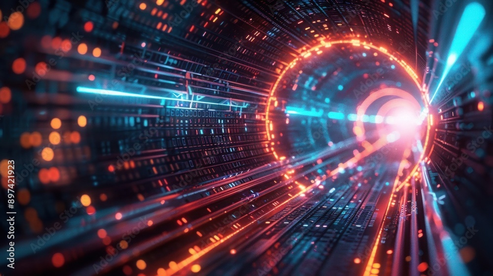 Naklejka premium Futuristic neon light tunnel with blue and orange abstract light beams, representing digital technology, speed, and innovation.