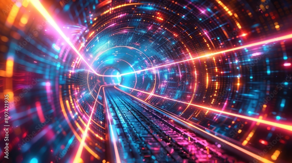 Fototapeta premium Futuristic neon light tunnel with vibrant colors and digital grid patterns, creating a cyberpunk atmosphere.