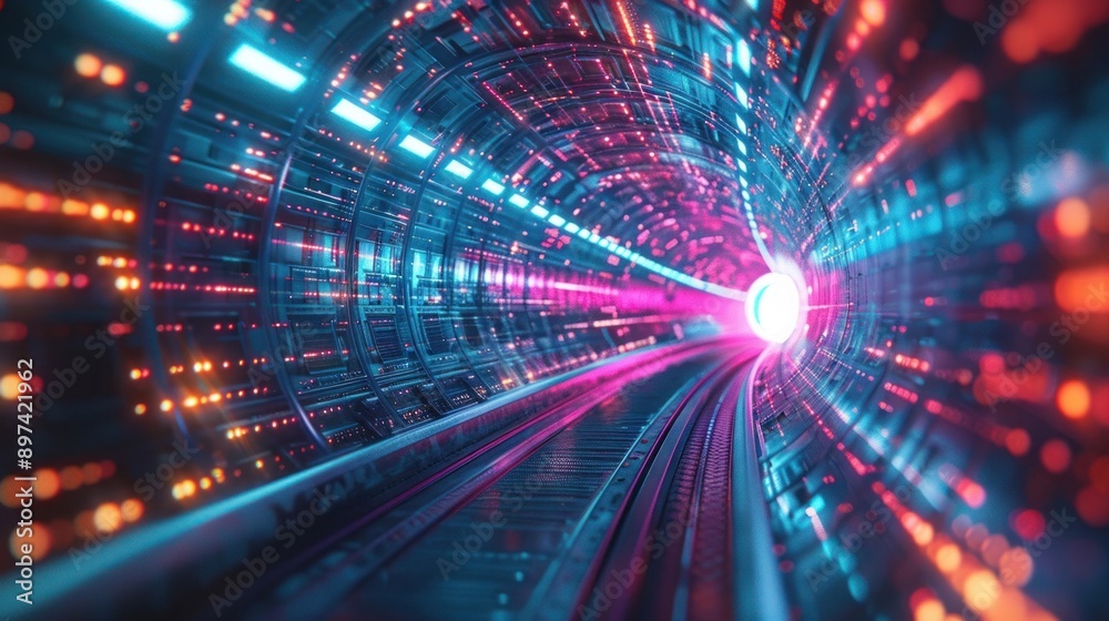 Futuristic technology tunnel with vibrant neon lights and fast motion blur, conveying speed and innovation in a digital world. Futuristic technology tunnel with vibrant neon lights and fast motion blur, conveying speed and innovation in a digital world.