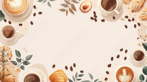 An illustrator artwork of minimal coffee time pattern, soft pastel colors, simple and elegant design, coffee cups, beans, and pastries spread evenly across the canvas in a tiled pa