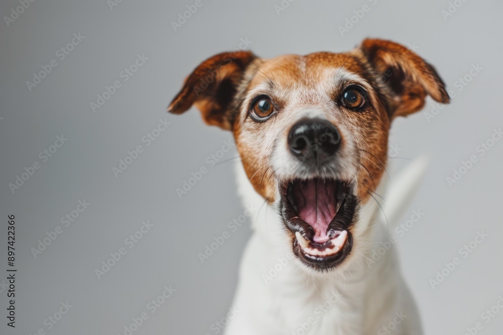 Jack russell terrier dog is barking on a grey background Jack russell terrier dog is barking on a grey background