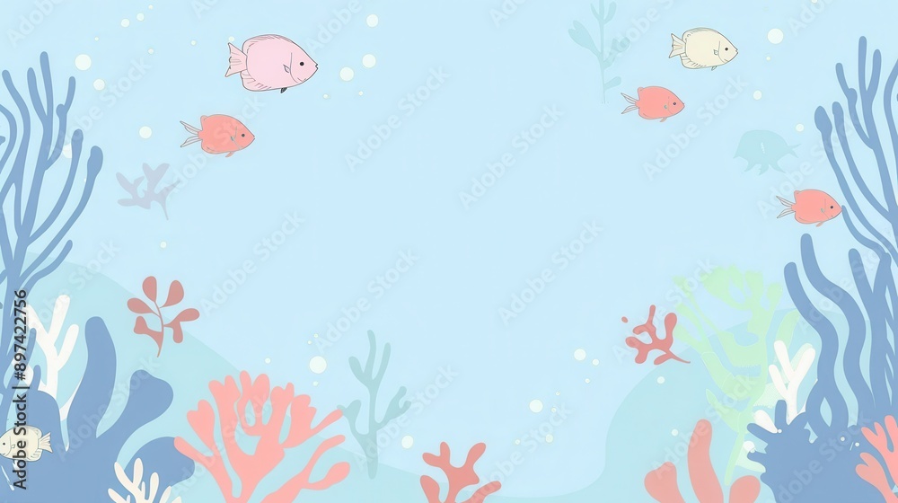 An illustrator artwork of minimal fish and corals pattern, soft pastel colors, simple and elegant design, fish and corals spread around the edges with free space in the center for An illustrator artwork of minimal fish and corals pattern, soft pastel colors, simple and elegant design, fish and corals spread around the edges with free space in the center for