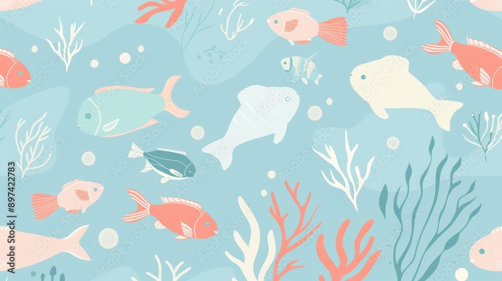 An illustrator artwork of minimal fish and corals pattern, soft pastel colors, simple and elegant design, fish and corals spread around the edges with free space in the center for