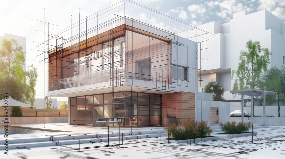 Modern architectural house design with overlaying construction plans in a sunny, urban environment, showcasing innovation and creativity. Modern architectural house design with overlaying construction plans in a sunny, urban environment, showcasing innovation and creativity.