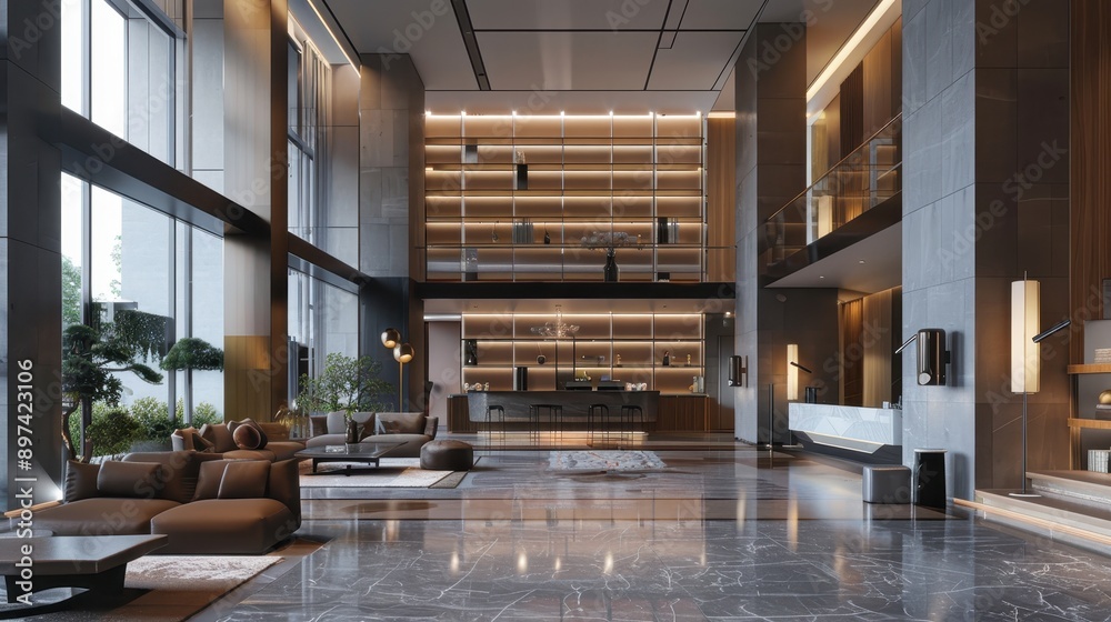 Modern luxurious hotel lobby with high ceilings, elegant lighting, and contemporary furniture, showcasing sophisticated interior design. Modern luxurious hotel lobby with high ceilings, elegant lighting, and contemporary furniture, showcasing sophisticated interior design.