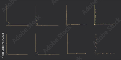 Celestial corner esoteric divider, gold border. Mystical line frame with moon and star. Golden mystic decoration, sparkle stars, sun. 
