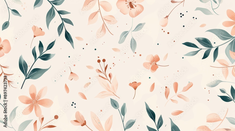 An illustrator artwork of minimal leaves and flowers pattern, soft pastel colors, simple and elegant design, with leaves and flowers spread evenly across the canvas, white backgrou An illustrator artwork of minimal leaves and flowers pattern, soft pastel colors, simple and elegant design, with leaves and flowers spread evenly across the canvas, white backgrou