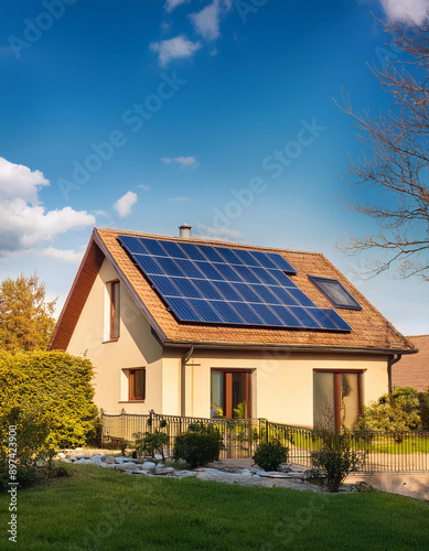 Familly house with solar panels on the roof during the day, producing green renewable energy