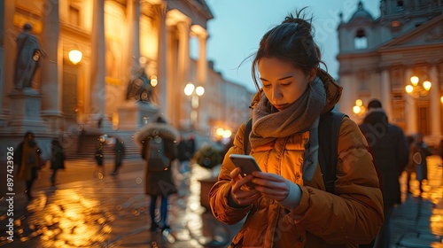 A businesswoman checking emails on her smartphone while exploring a historic city center, surrounded by ancient monuments and busy streets.