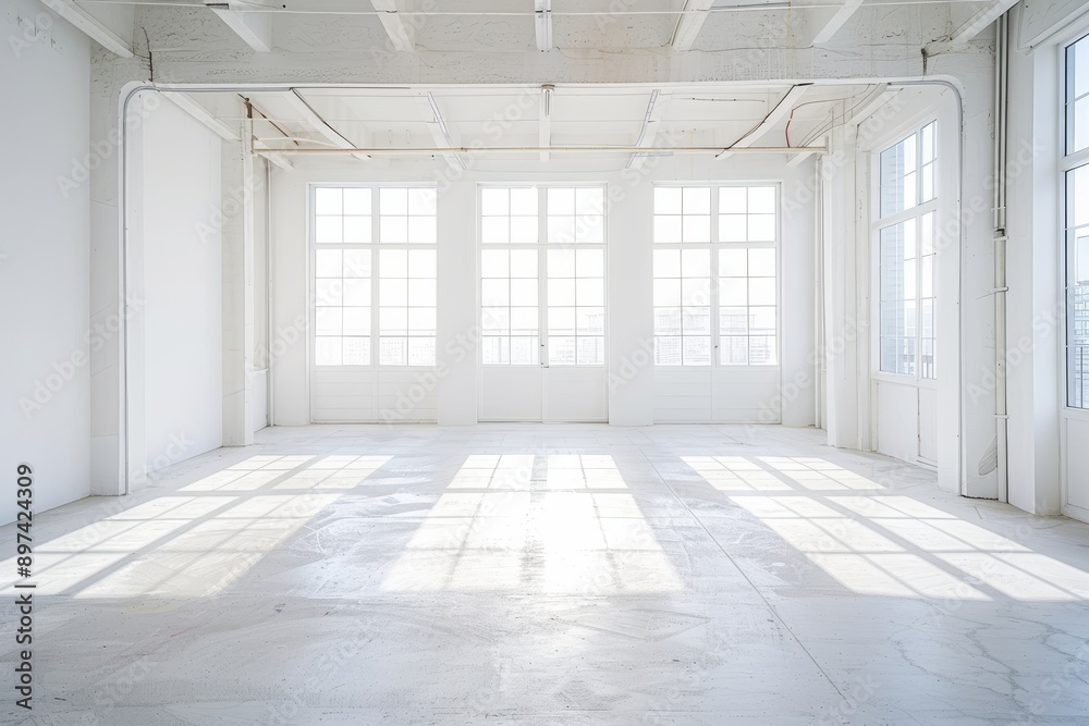 interior of empty room with white walls, concrete floor and large windows interior of empty room with white walls, concrete floor and large windows