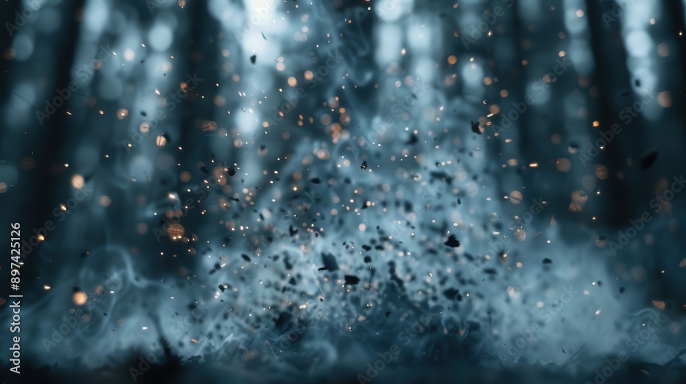 A dramatic scene in a forest at dusk, featuring smoke and flying debris illuminated by glowing embers, suggesting a recent explosion or impactful event has occurred. A dramatic scene in a forest at dusk, featuring smoke and flying debris illuminated by glowing embers, suggesting a recent explosion or impactful event has occurred.