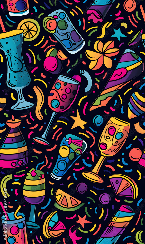 2D illustrated New Year card in a cute graphic style seamless pattern. 2D illustrated New Year card in a cute graphic style seamless pattern.
