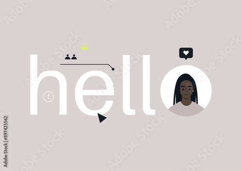 A stylized hello with a profile picture and a heart icon, symbolizing connection and interaction in the digital world