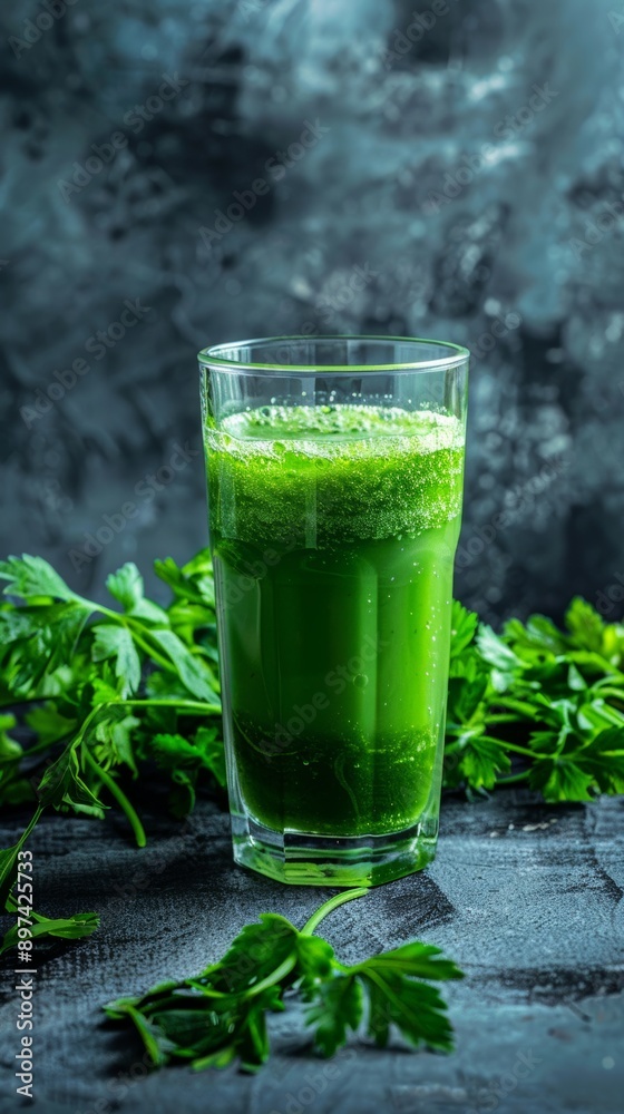 Green smoothie in a clear glass with parsley on a dark background, healthy drink concept Green smoothie in a clear glass with parsley on a dark background, healthy drink concept