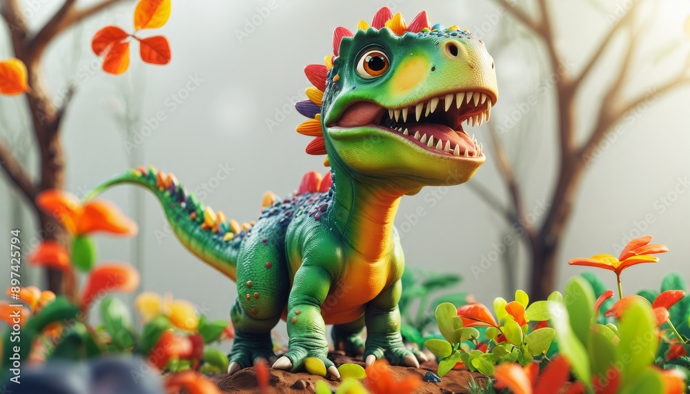 Fototapeta premium 3D clipart of a cheerful dinosaur, bright and clean setting, white background, dinosaur with friendly grin, colorful scales, playful pose, bright green and orange
