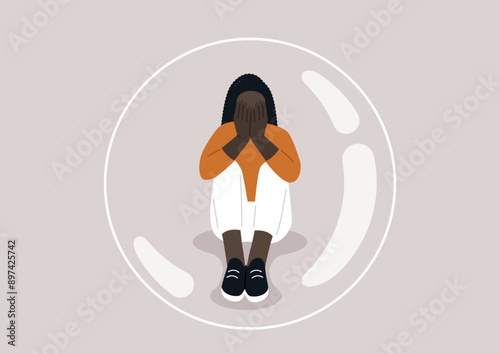 A young character trapped alone inside a transparent bubble, their head in hands, their body language expressing immense sadness and desperate loneliness