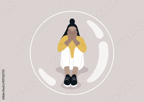A young character trapped alone inside a transparent bubble, their head in hands, their body language expressing immense sadness and desperate loneliness